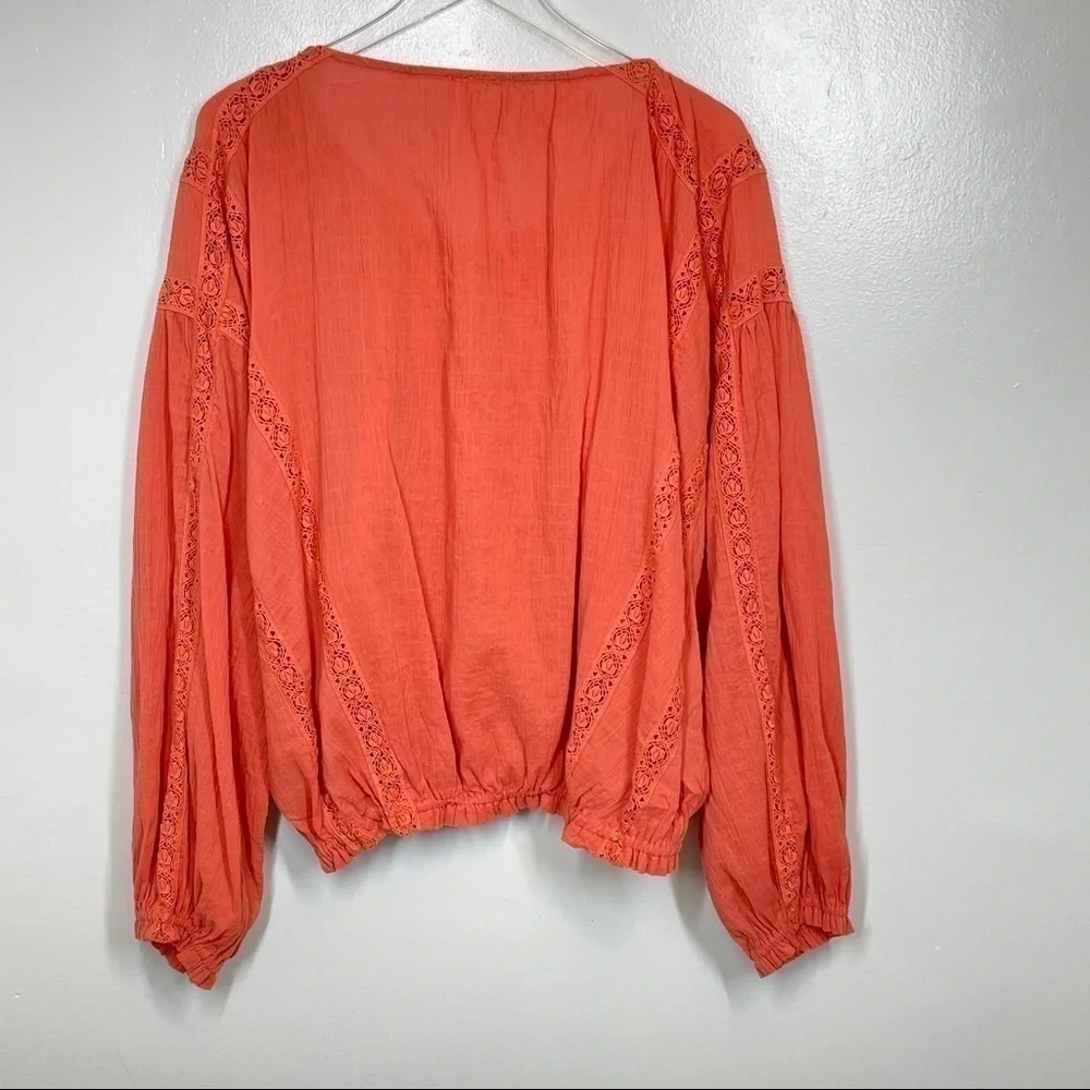 Free People Terra Cotta Maria Maria Top Ribbon Tie Gathered Waist Embroidery M